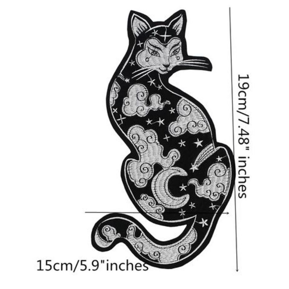Large Embroidered Elegant Night Cat Applique Sew-On 12" x 6"